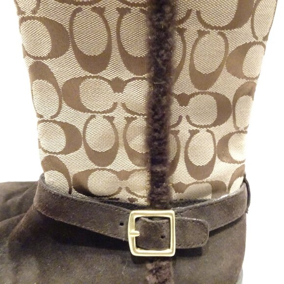 COACH DeeAnn Brown Suede Fur Trimmed Boots Size 8 Monogram Jacquard - Picture 4 of 9